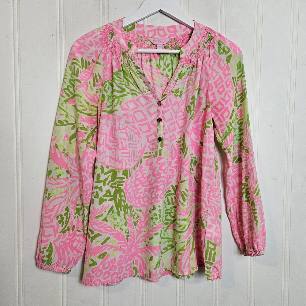 Lilly Pulitzer Elsa Silk Top Home Slice Pink Pineapple XS - Picture 2 of 15